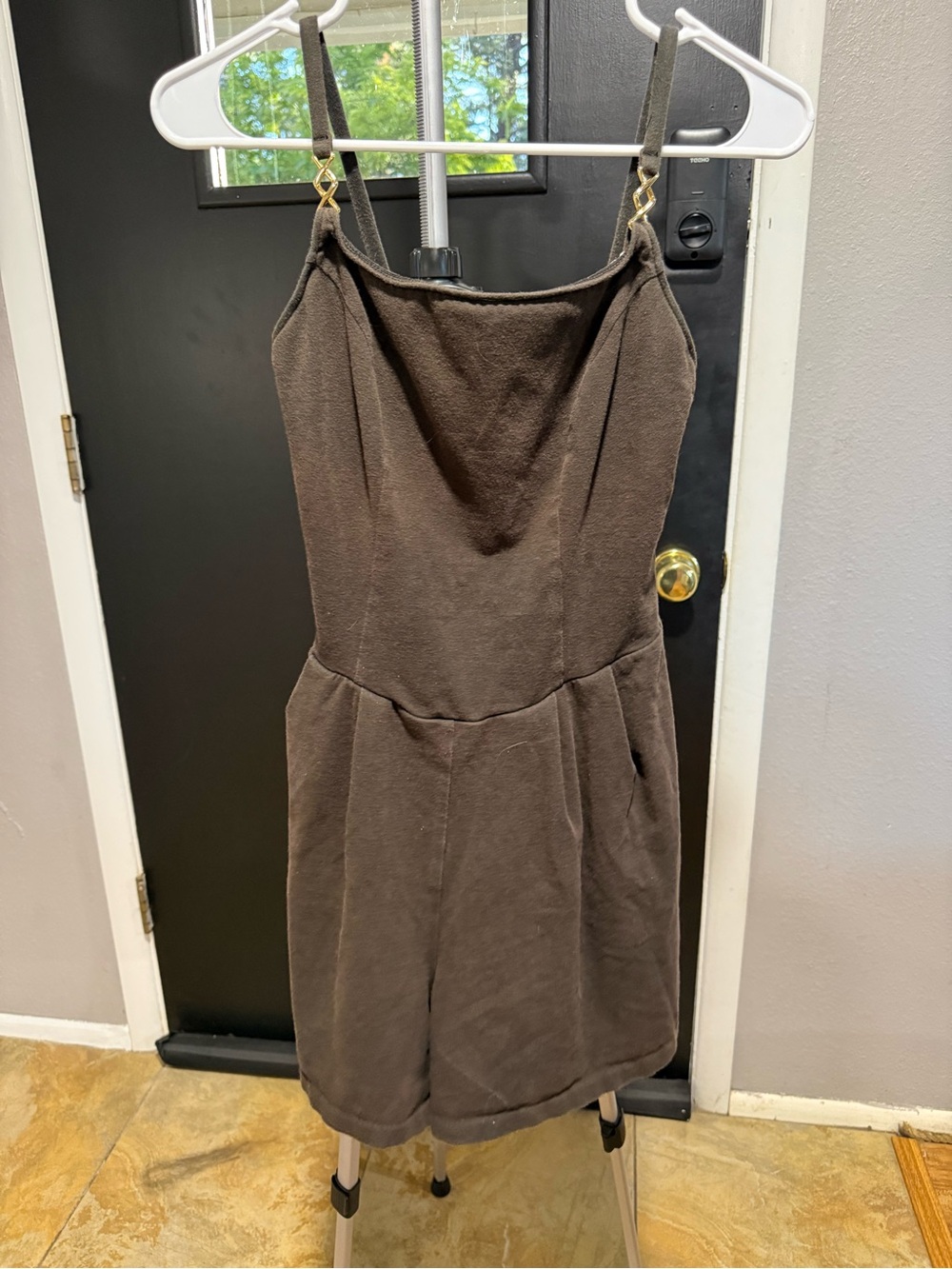 Westbound Brown Sleeveless Romper with Gold Accent Straps